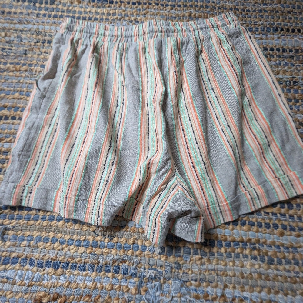 Striped Rayon Boho Shorts L Elastic Waist Drawstring Beachy Festival Resort Sage - Picture 9 of 9